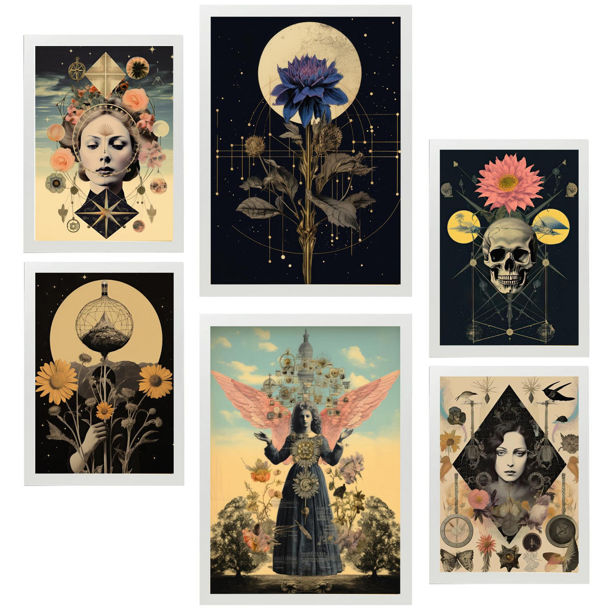 POSTER Set Mit 6 Floralen Mystischen Esoterischen A3 & A4 Weißer Rahmen - Weiß, Papier (29/3cm) - Nacnic