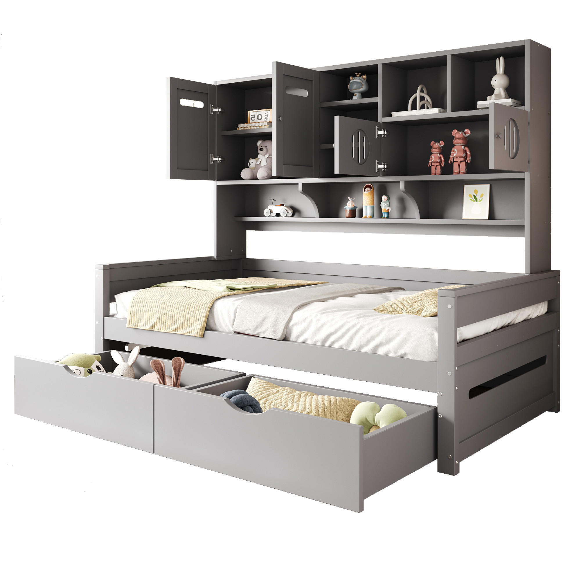 BETT 90/200 cm mit Stauraum und Schubladen Kiefernholz Grau - Grau, Holz (90/200cm) - OKWISH