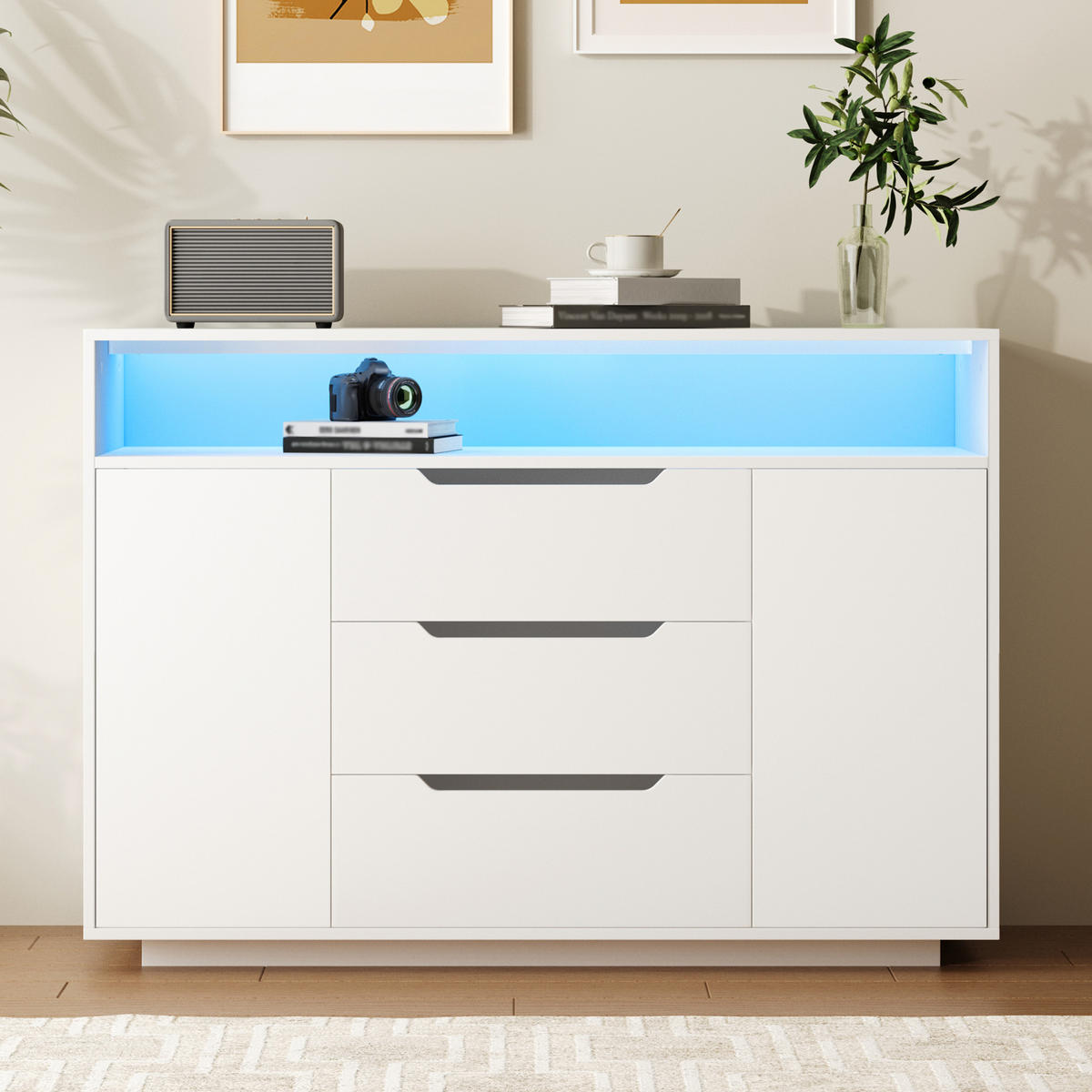 SIDEBOARD 120/40/85 cm weiß aus Holzwerkstoff mit offenem Regal, 3 Schubladen und LED - Weiß, Holzwerkstoff (120/85/40cm) - OKWISH