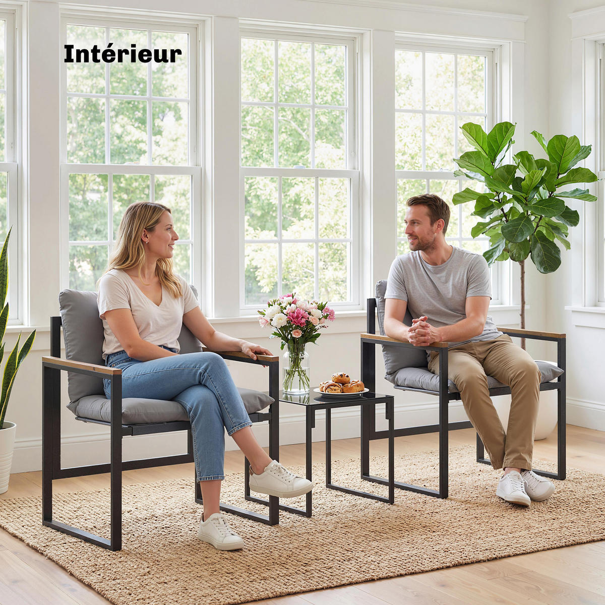BALKONSET DE-14214 2 Sessel mit Kissen und Glastisch Grau - Grau, Metall - ComfortXL