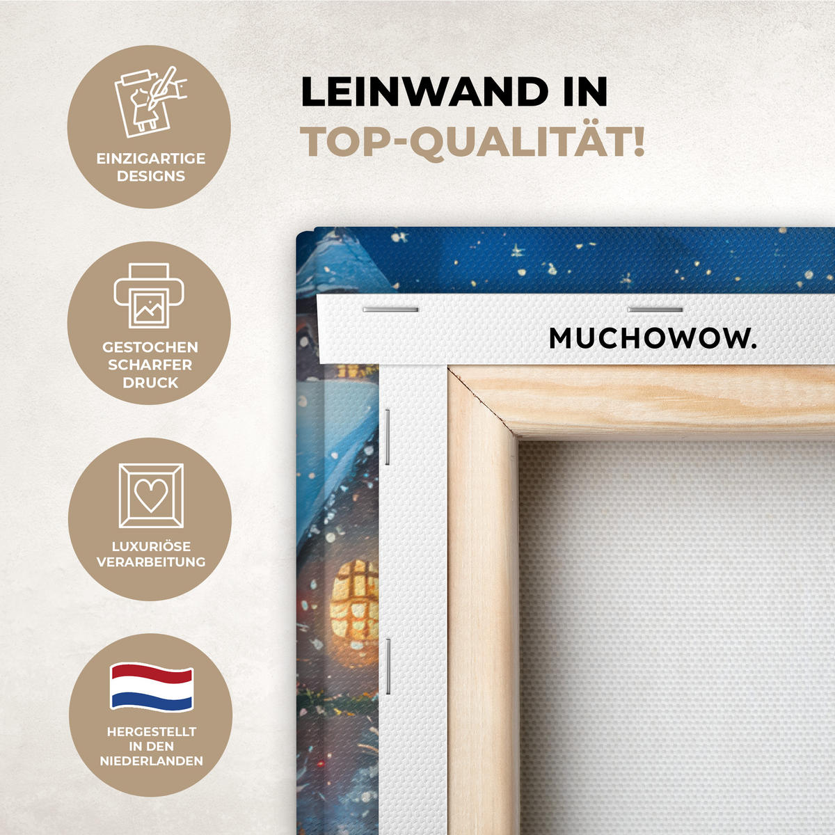 LEINWANDBILD Weihnachtsmann - Rentier - Weihnachten - Schnee Wandbilder 80x60 cm - Cognac, Textil (80/60cm) - MuchoWow