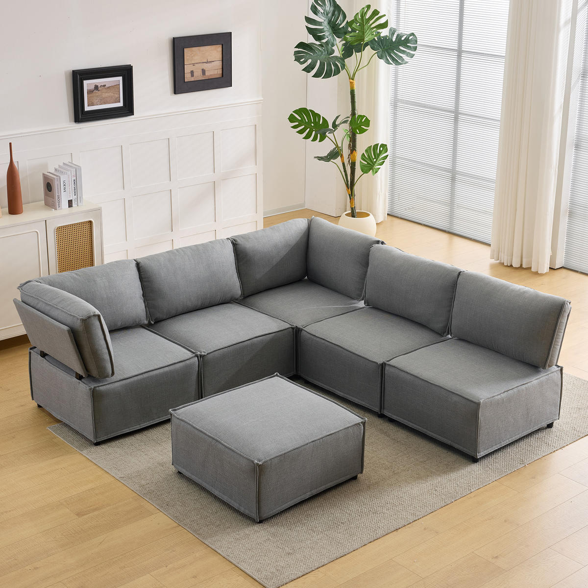 WOHNLANDSCHAFT Leinen Hellgrau mit Schlaffunktion - Hellgrau, Holzwerkstoff/Textil (308/77/152cm) - WISHDOR
