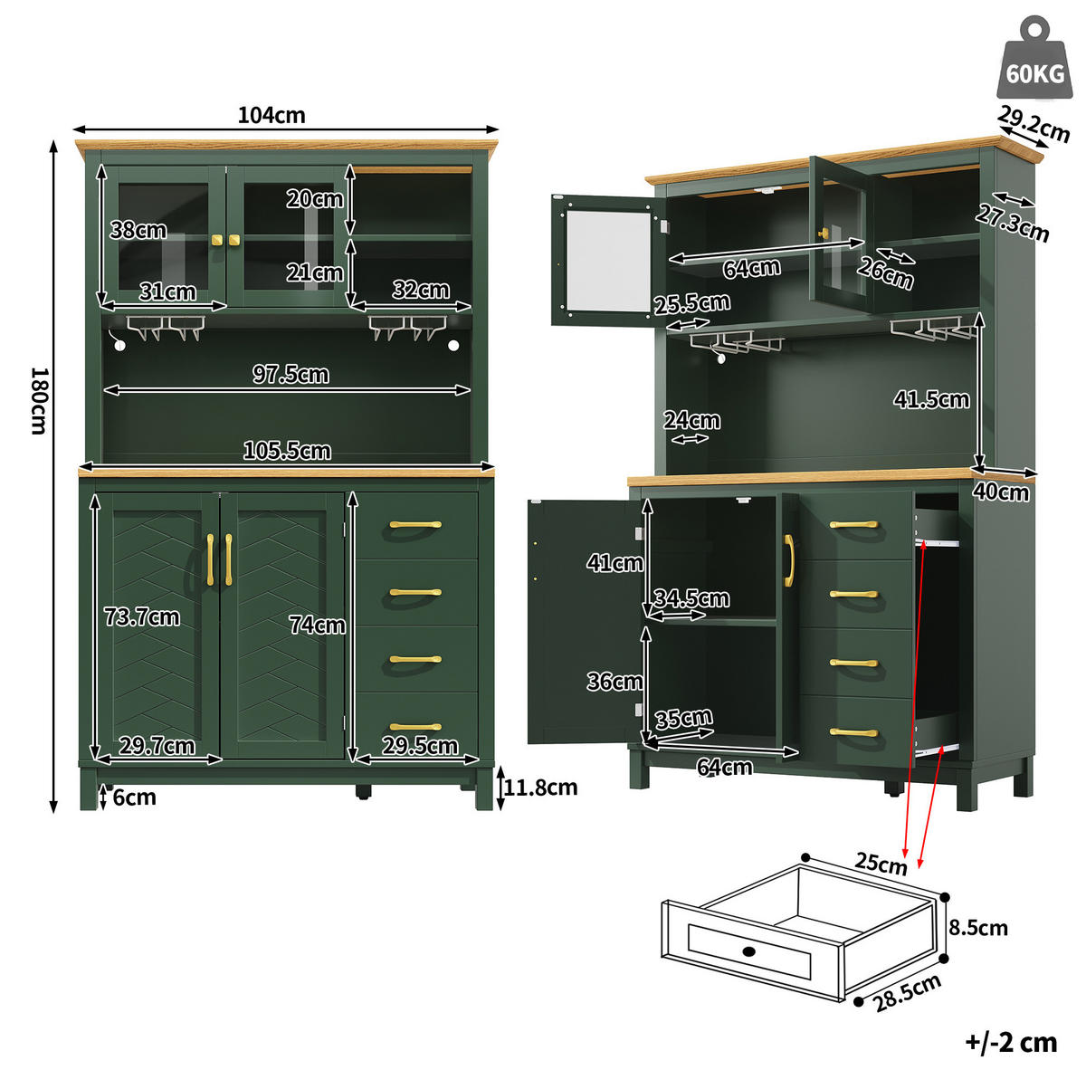 BUFFETOVÁ skrinka 105,5/40/180 cm zelená s LED osvetlením a veľkým úložným priestorom z MDF - zelená, kompozitné drevo (105.5/180/40cm) - OKWISH