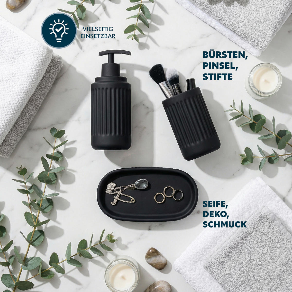 BAD-ACCESSOIRES-SET CASCINA, Soft-Touch, schwarz - Schwarz, Keramik (7/18/7cm) - eluno