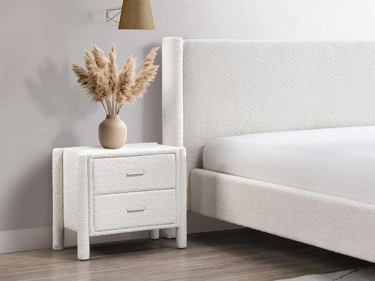 NACHTTISCH mit 2 Schubladen - Bouclé-Stoff - Weiß - CONOMO - Weiß, Textil (61/56/42cm) - Vente-Unique