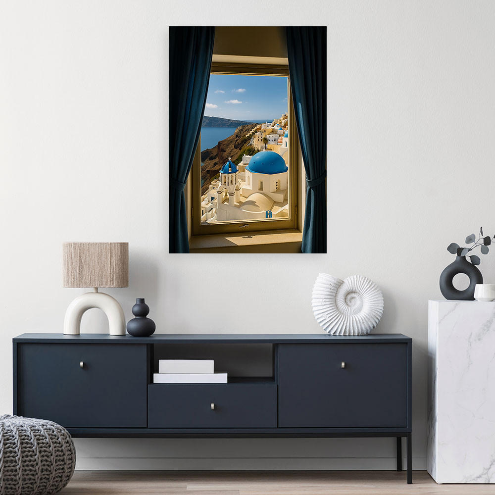 LEINWANDBILD Blick aus einem Fenster auf Santorini Griechenland 80x120cm - Blau, Textil (80/120cm) - Feeby