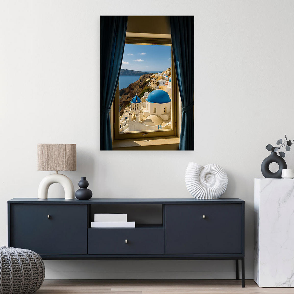 LEINWANDBILD Blick aus einem Fenster auf Santorini Griechenland 80x120cm - Blau, Textil (80/120cm) - Feeby