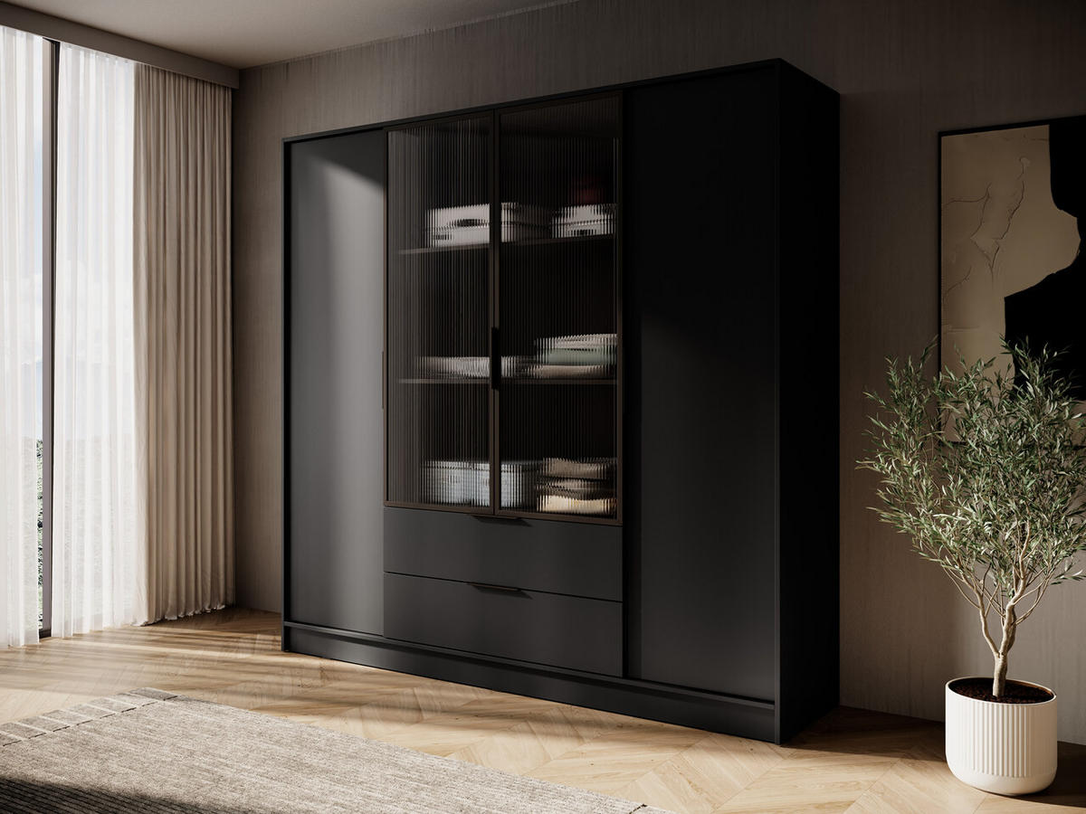SCHRANK 206 cm mit Glas Kalma, Schubladen, 4 Türen, Schwarz - Schwarz, Holz (206/200/51cm) - Emporius