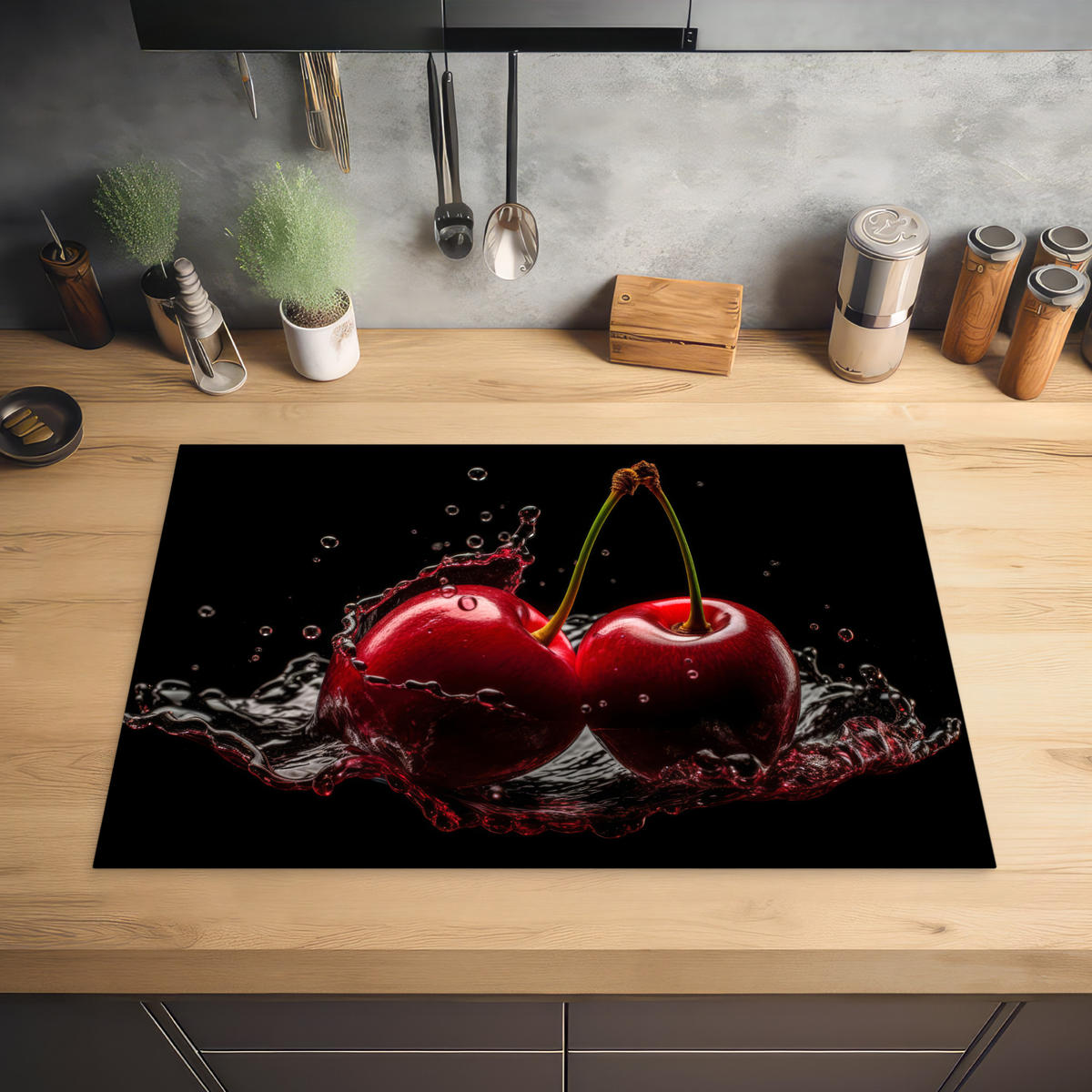 HERABDECKPLATTE - Kirsche - Rot - Frucht - Wasser - Schwarz - 74x48 - Kirschrot, Kunststoff (74/48/0.2cm) - MuchoWow