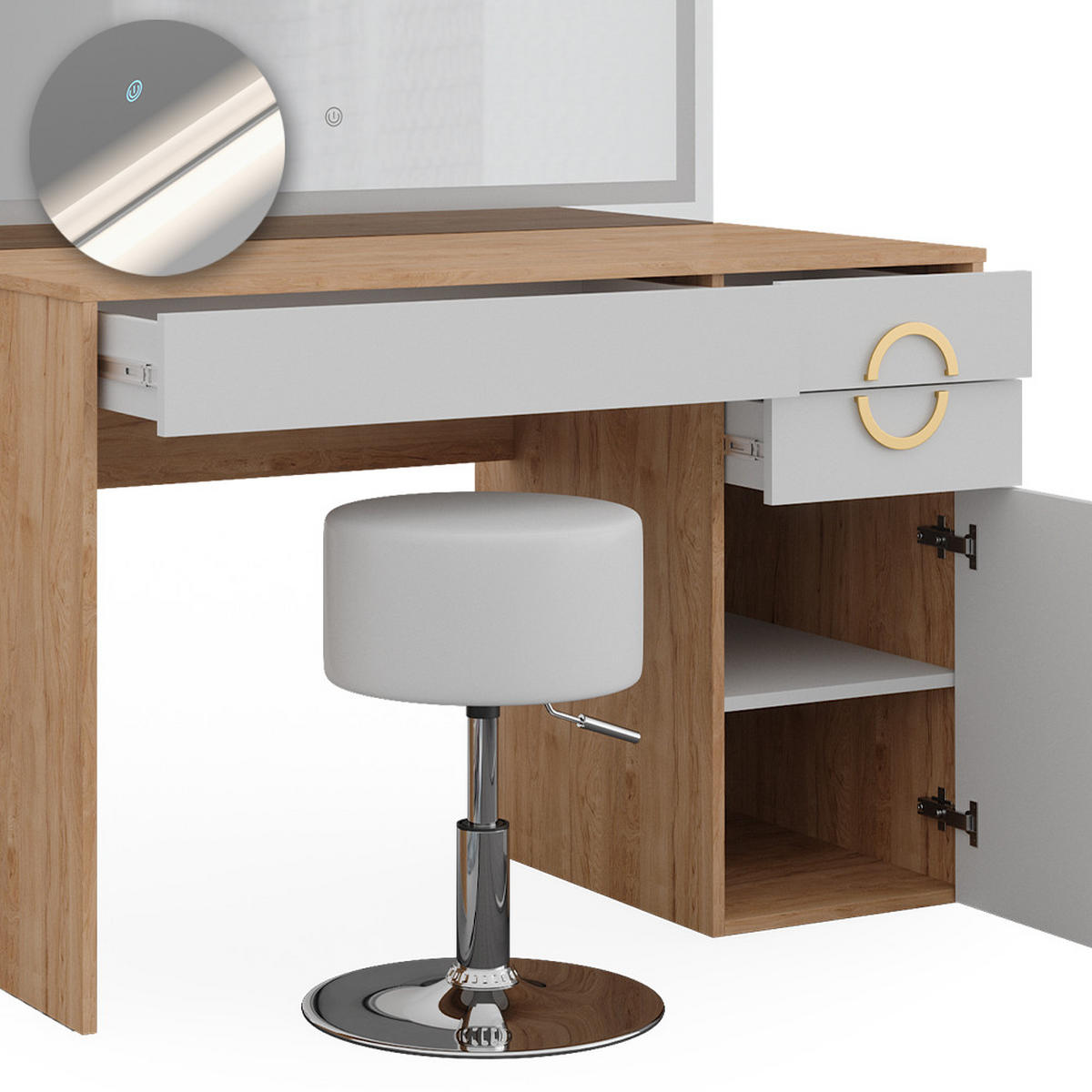 SCHMINKTISCH Adela Natural Rockford Hickory 115 cm mit LED Spiegel und Hocker - Weiß/Sonoma Eiche, Holzwerkstoff (115/76.4/55cm) - Vicco