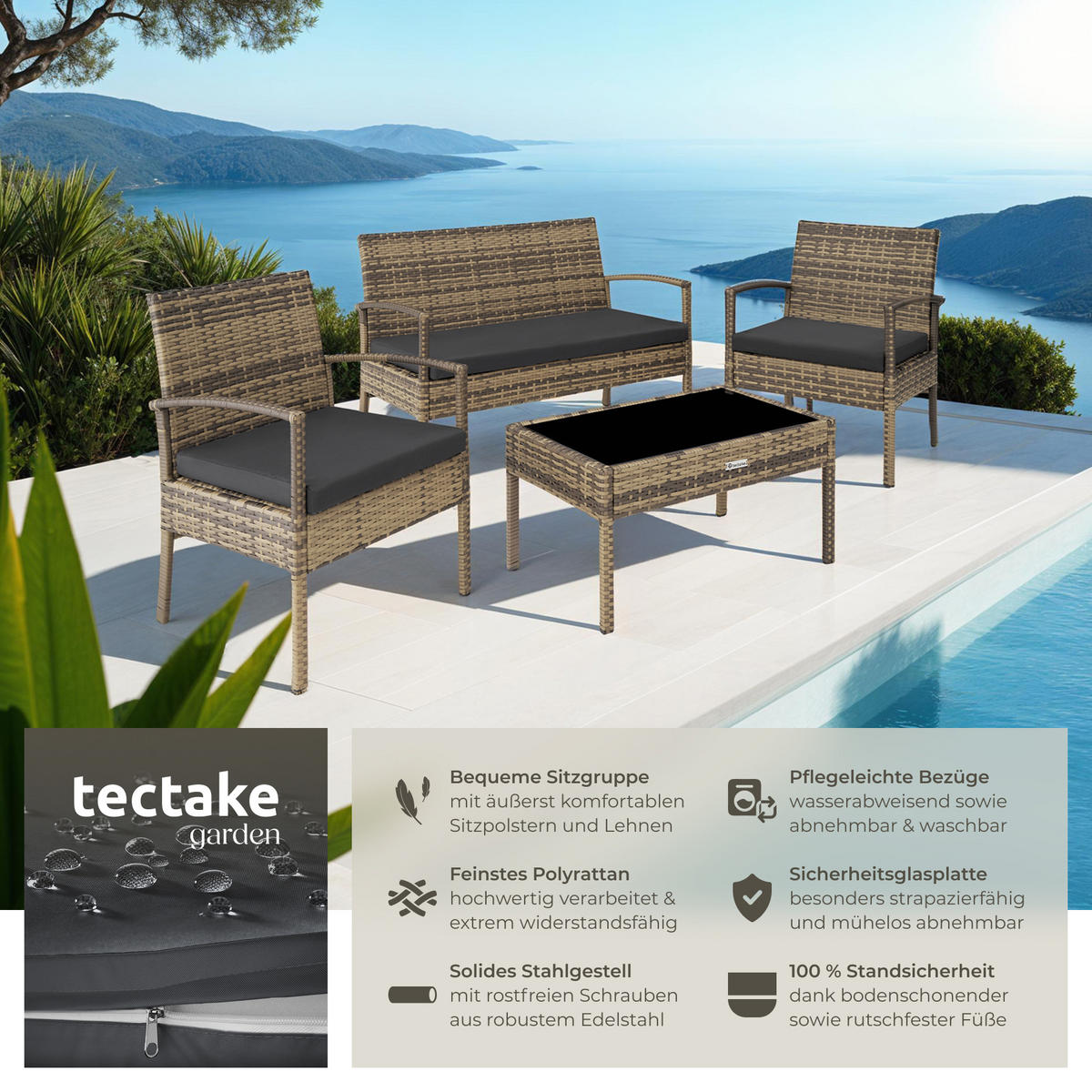 RATTAN SITZGRUPPE Sparta,schlanke Gestelle,natur - Naturfarben, Kunststoff - tectake