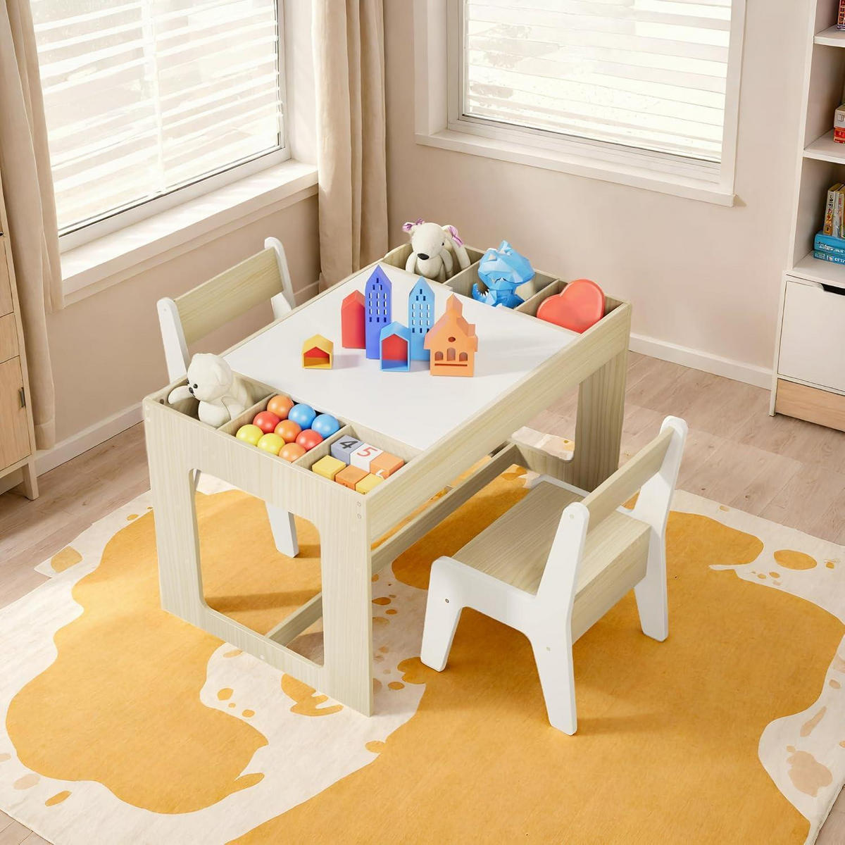 KINDERTISCH-STUHL-SET mit Stauraum Holzoptik mit Weiß 2-teiliges Set - Creme, Holzwerkstoff (48/48/80cm)