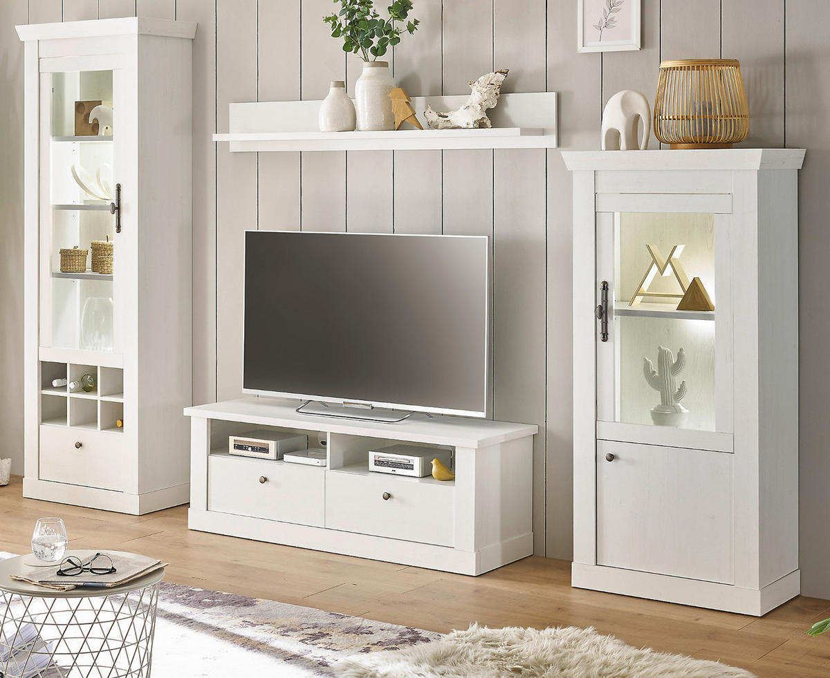 WOHNWAND weiß Pinie Landhaus, Set 4-teilig mit Soft-Close und Beleuchtung - Weiß, Holzwerkstoff/Kunststoff (299/201/45cm) - Furn.Design