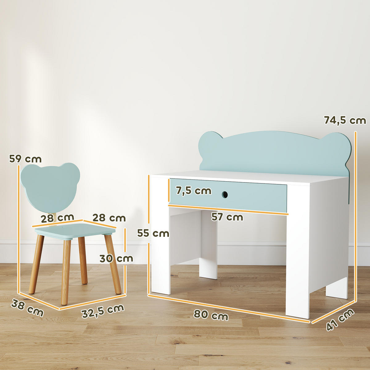 SCHREIBTISCH-SET DE-17553 mit Schublade und Bärenmotiv Grün - Grün, Holzwerkstoff (80/74.5/41cm) - ComfortXL
