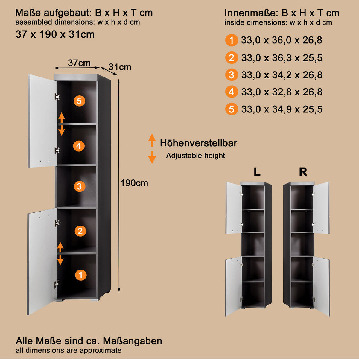 HOCHSCHRANK grau Hochglanz 37 x 190 cm, Badschrank 2-türig - Grau, Holzwerkstoff/Kunststoff (37/190/31cm) - Top.Furn