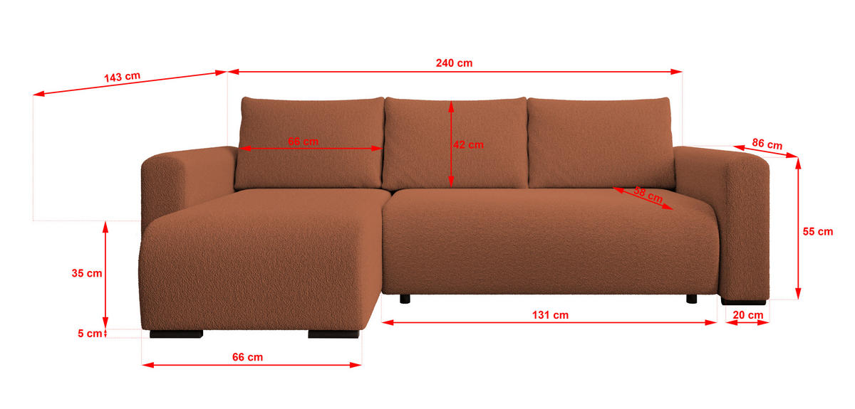 ECKSOFA DORA L, Eckcouch in L-Form mit Schlaffunktion und Bettkasten, Farbe: Orange, Bouclé-Stoff, Ottomane Links - Orange, Textil (240/143cm) - Storez24