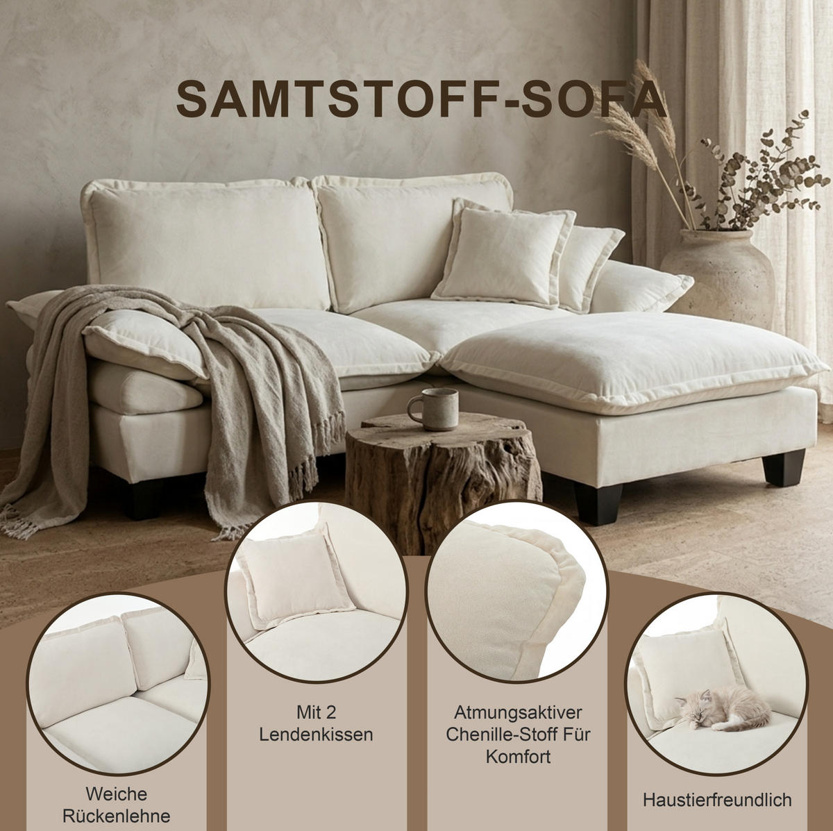 WOHNLANDSCHAFT aus Chenille 392x151x90 cm Beige mit USB-Anschluss, Stauraum, Getränkehaltern und 2 Ottomanen - Beige, Textil (392/90/151cm) - Modfu