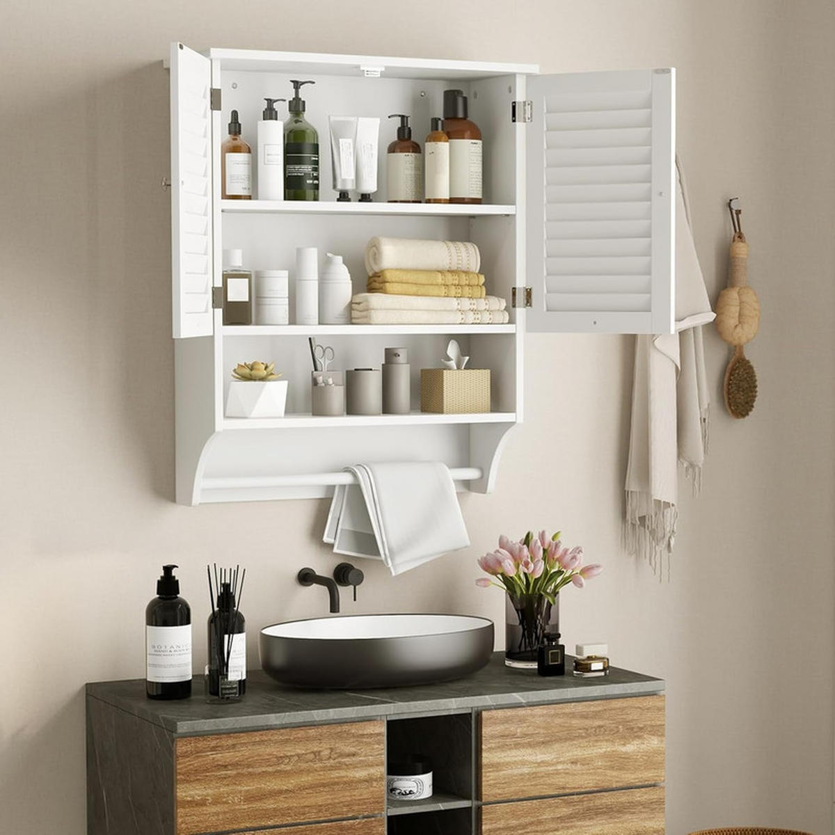 BADHÄNGESCHRANK mit verstellbarem Einlegeboden weiß - Weiß, Holzwerkstoff (60/75/22cm) - COSTWAY