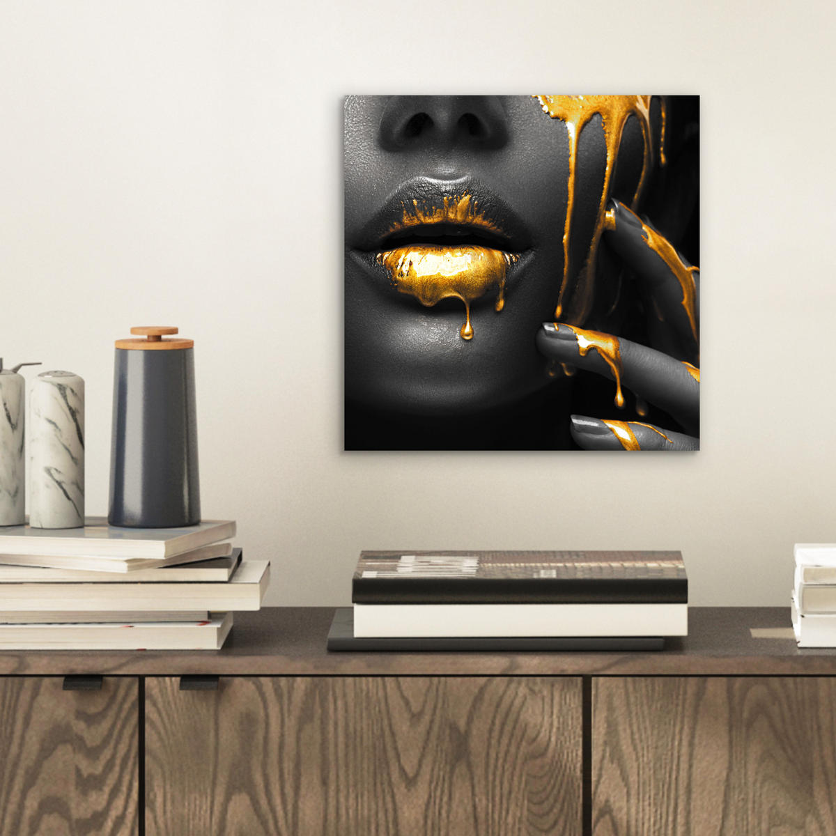METALLBILD Frau - Schwarz - Gold - Gesicht - Lippen 20x20 cm - Goldfarben, Metall (20/20cm) - MuchoWow
