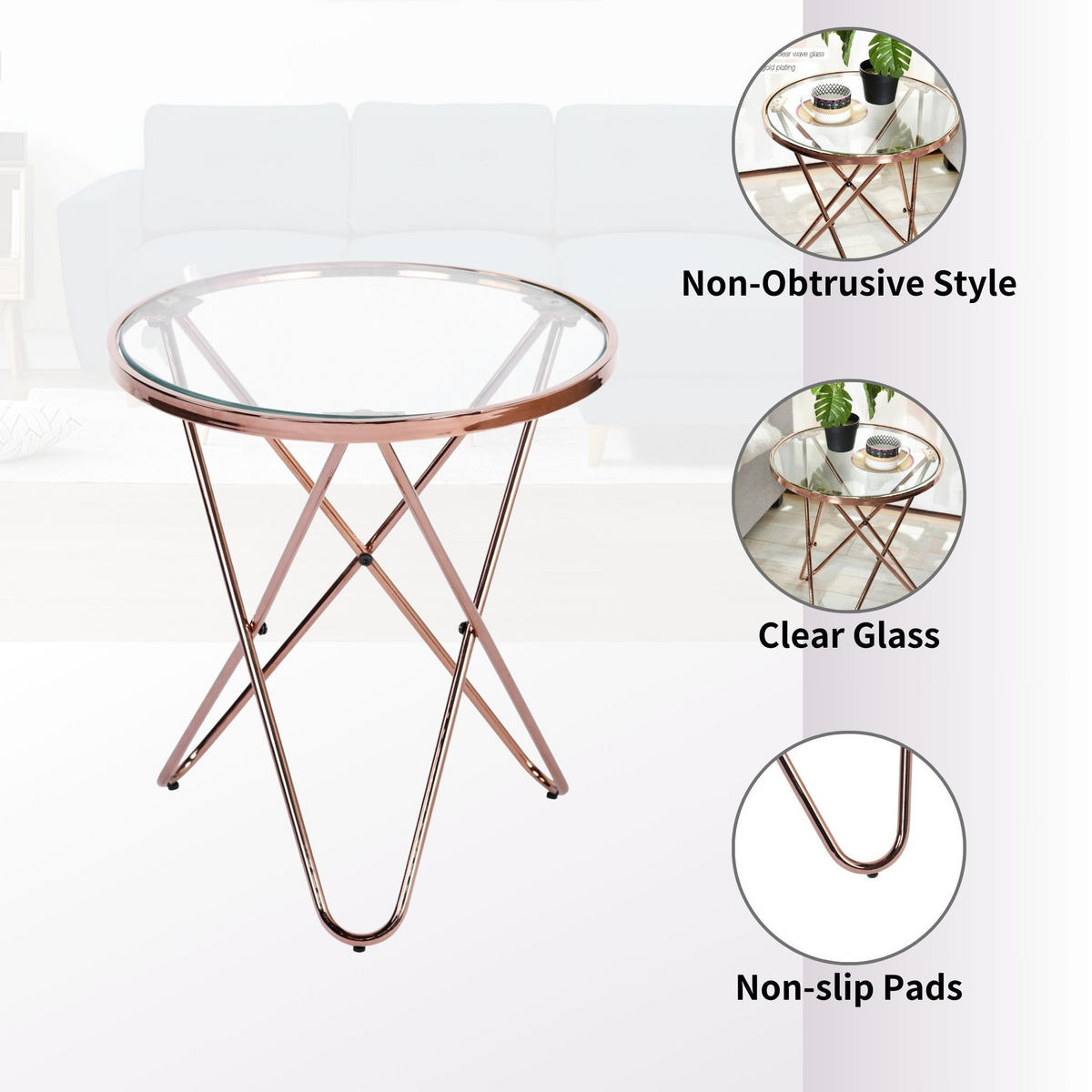 BEISTELLTISCH rundes Glas Roségold - Transparent/Roségold, Glas/Metall (45/45/50cm) - Urban Meuble