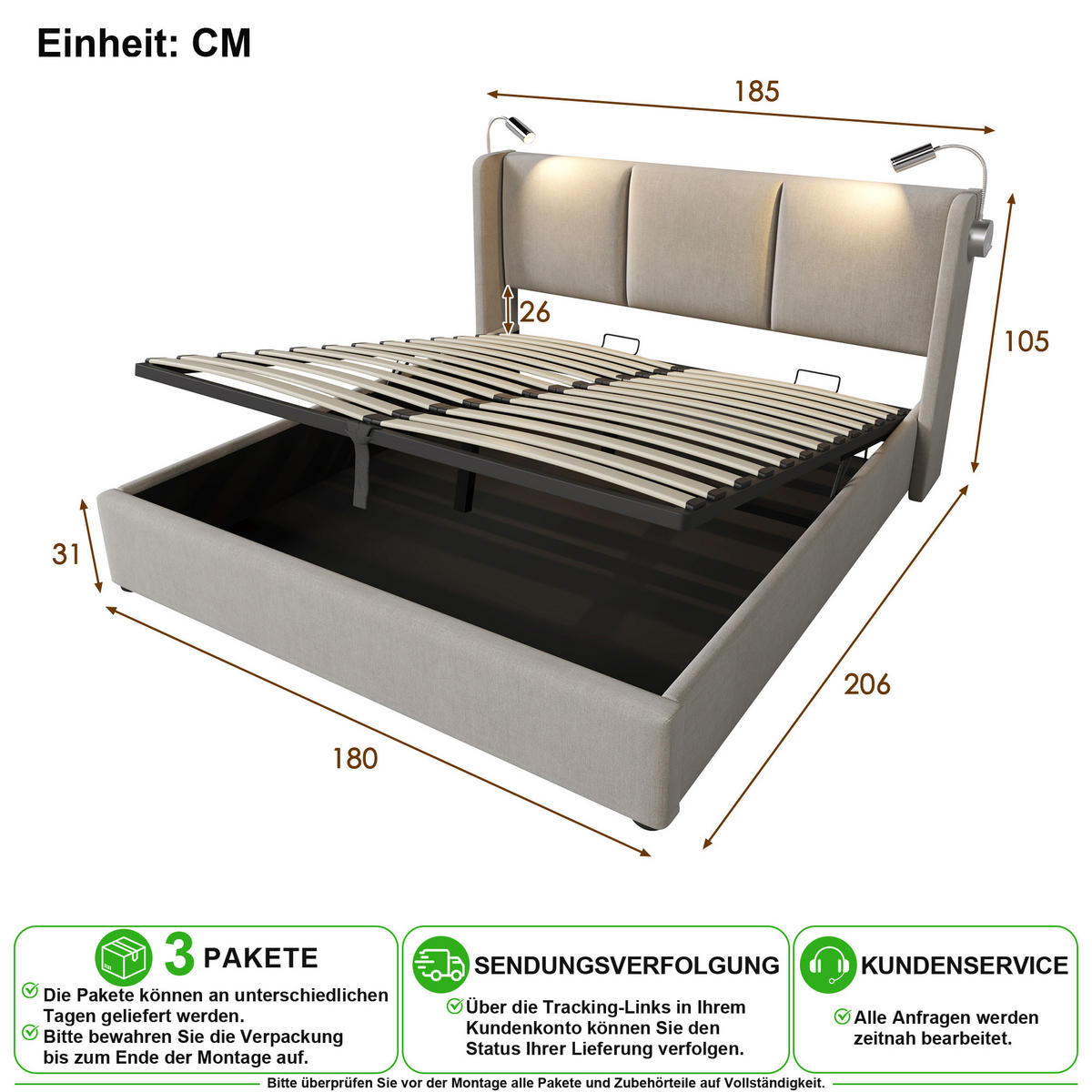 POLSTERBETT 180/200 cm in Beige mit Bettkasten, Leselicht und USB-Ladefunktion - Beige, Holzwerkstoff/Textil (180/200cm) - CHICFURN