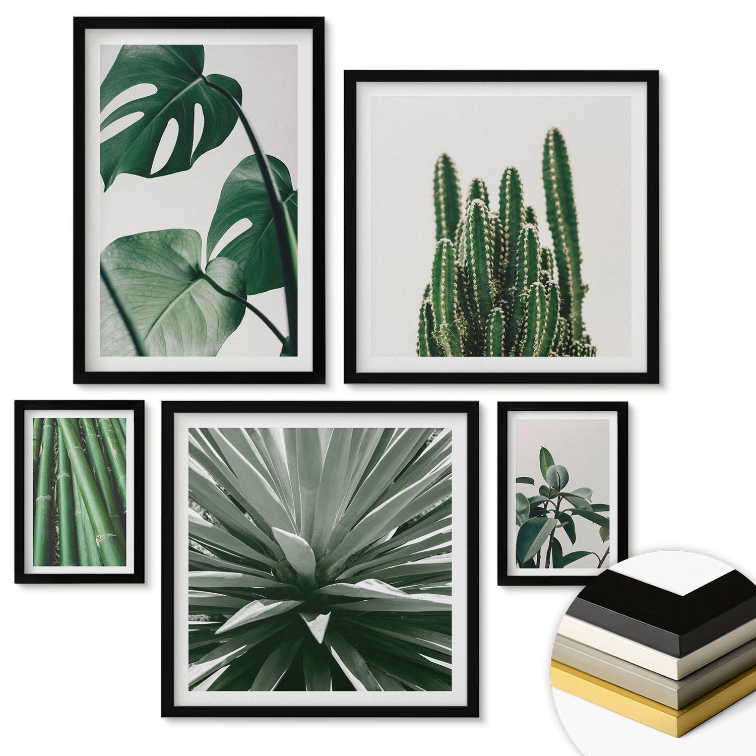 WANDBILDER 5er-Set - 50x50 cm & 20x30 cm & 40x60 cm Schwarzer Rahmen - Bambusblätter - Schwarz, Kunststoff (40/60cm) - ArtPrintCave