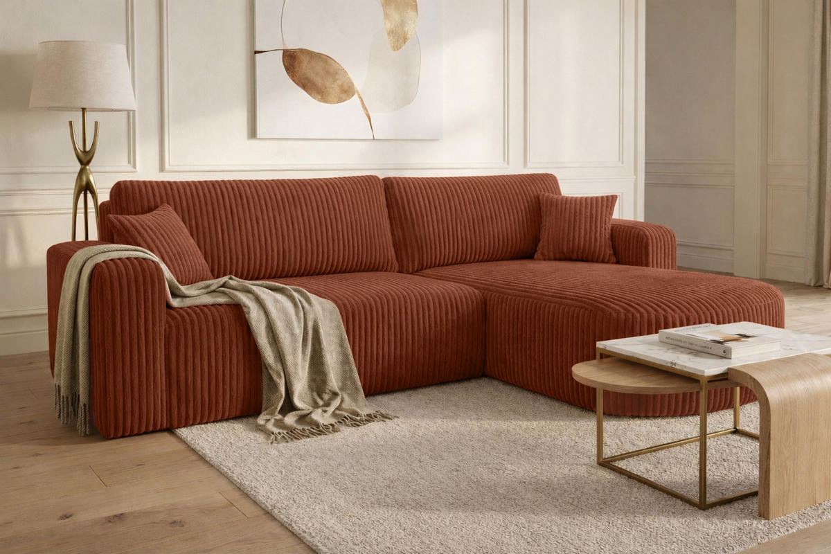 ECKSOFA Mit Schlaffunktion, Cordstoff Tilia, Kupfer, Rechts, ROUND ONE XL - Orange, Holz (271/175cm) - Kaiser Möbel