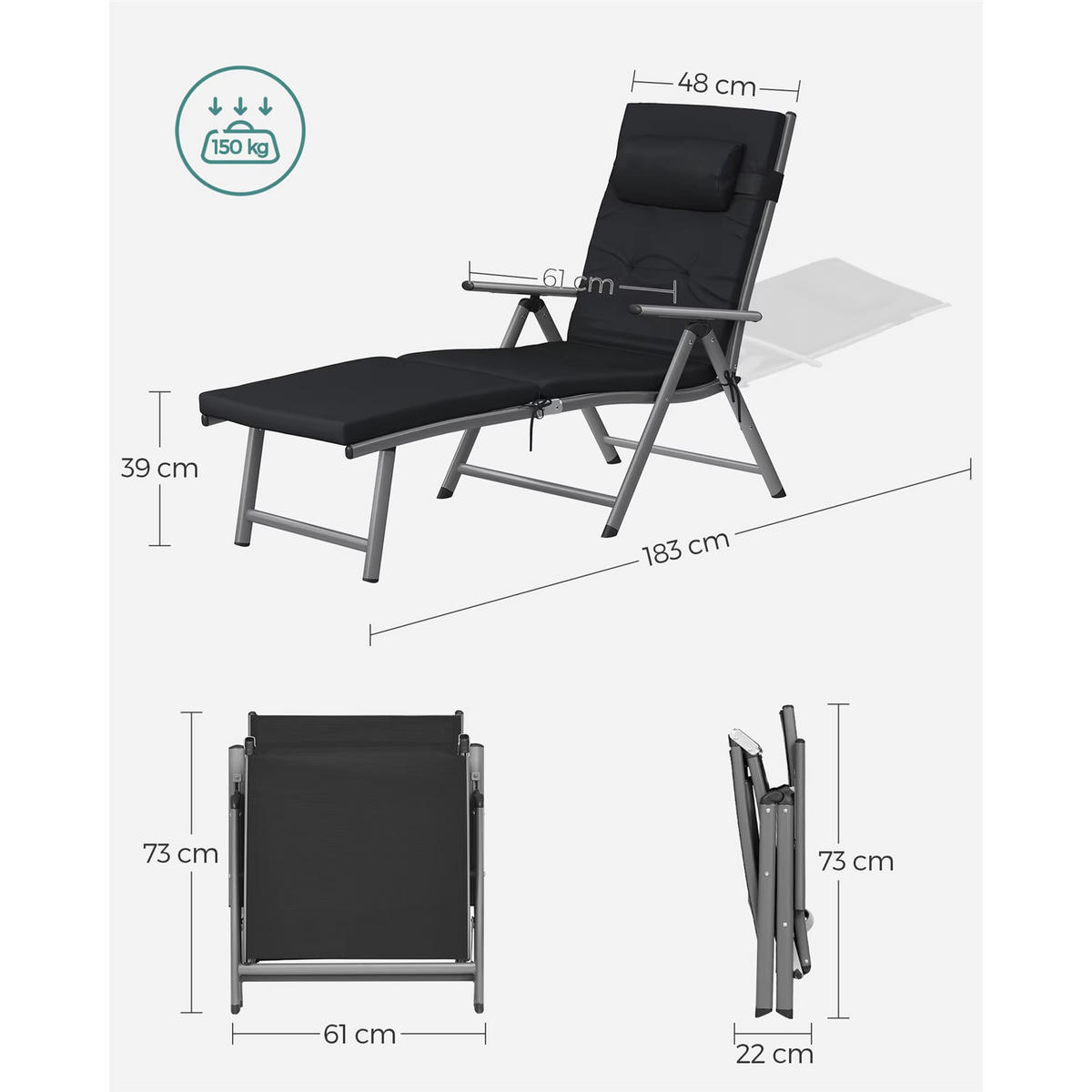 LIEGESTUHL klappbar Aluminium 150 kg verstellbar - Schwarz, Metall (48/39/183cm) - Kaket