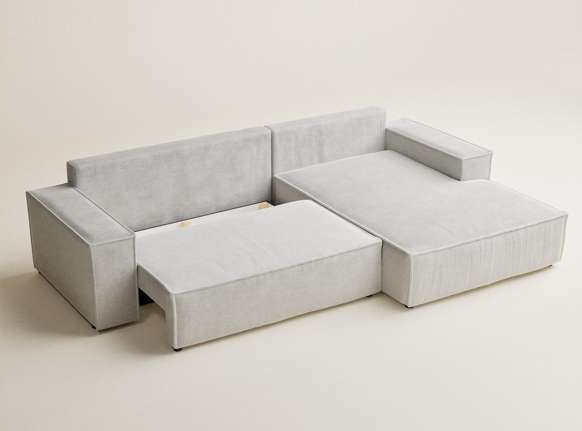 ECKSOFA Maze Beige grau Chenille-Stoff - Rechts Seite - Greige/Schwarz, Holz/Holzwerkstoff (294/185cm) - Maison de Reve