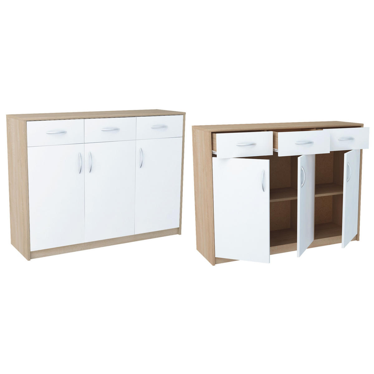 KOMMODE mit 3 Türen und 3 Schubladen - Eichefarben/Weiß, Holzwerkstoff (110/85/35cm) - Home Collective
