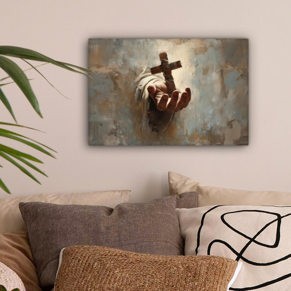 LEINWANDBILD Abstrakt - Kreuz - Hand - Christentum Deko Schlafzimmer 30x20 cm - Hellbraun, Textil (30/20cm) - MuchoWow