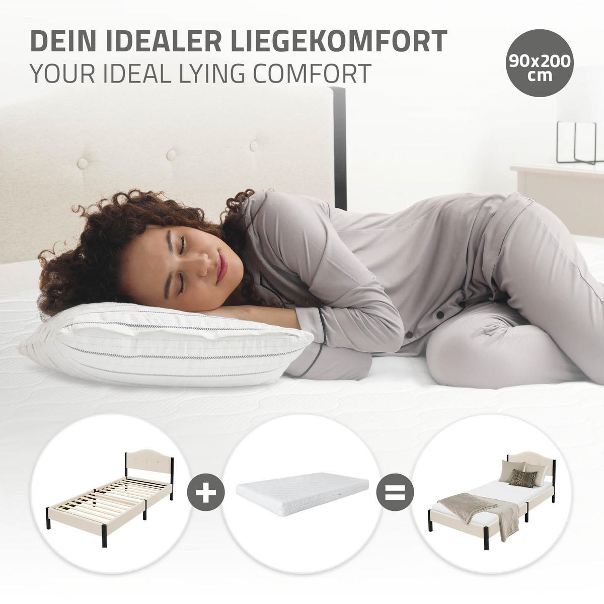 POLSTERBETT 90x200 cm Beige mit Lattenrost und Leinenstoff - Beige, Holzwerkstoff/Textil (90/200cm) - ML-DESIGN