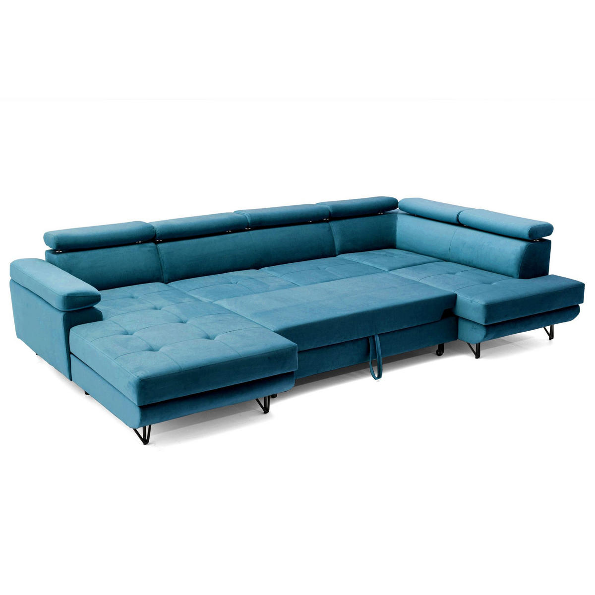 ECKSOFA U-Form JUNIOR U Rechts mit Schlaffunktion 128x254 Velours Smaragdgrün - Smaragdgrün/Schwarz, Holz/Textil (184/90/323cm) - Muffo