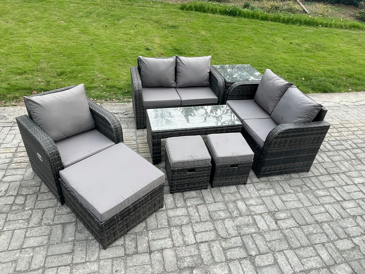 GARTENSOFA SET mit rechteckigem COUCHTISCH Polyrattan 8-Sitzer Dunkelgrau - Dunkelgrau/Grau, Glas/Kunststoff - Fimous