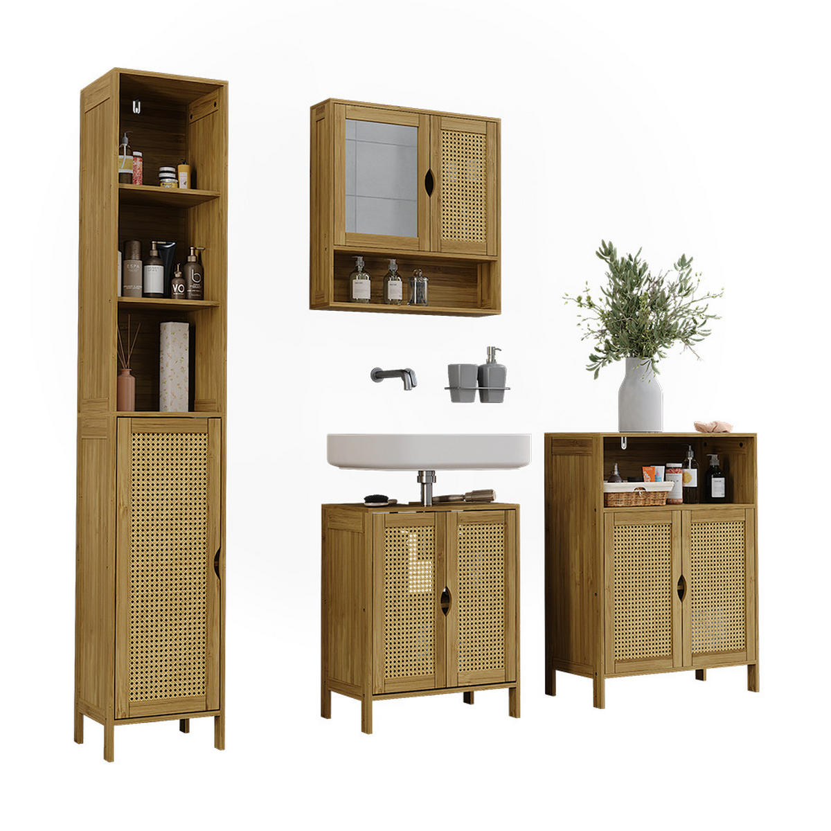 BADMÖBEL-SET Liora Bambus 4 Teile - Grün, Holzwerkstoff (48/60/29cm) - Vicco