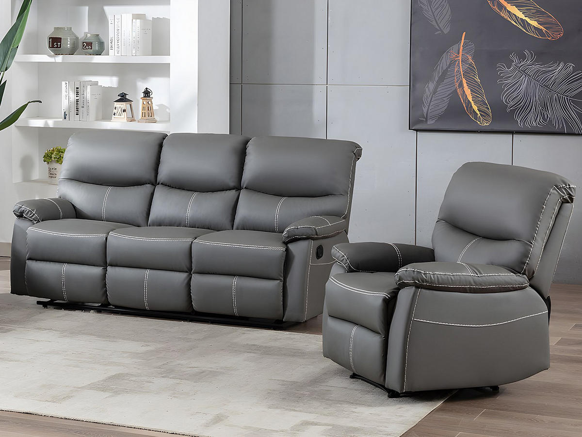 SOFAGARNITUR mit Relaxfunktion - 4 -Sitzer - Kunstleder - grau - CANBY - Grau, Leder (183/95/90cm) - Vente-Unique