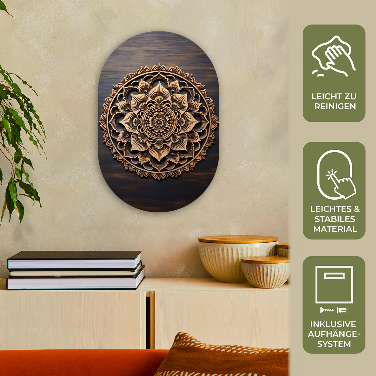 WANDBILD Mandala - Holz - Blumen - Braun 40x60 cm - Gelb, Kunststoff (40/60cm) - MuchoWow