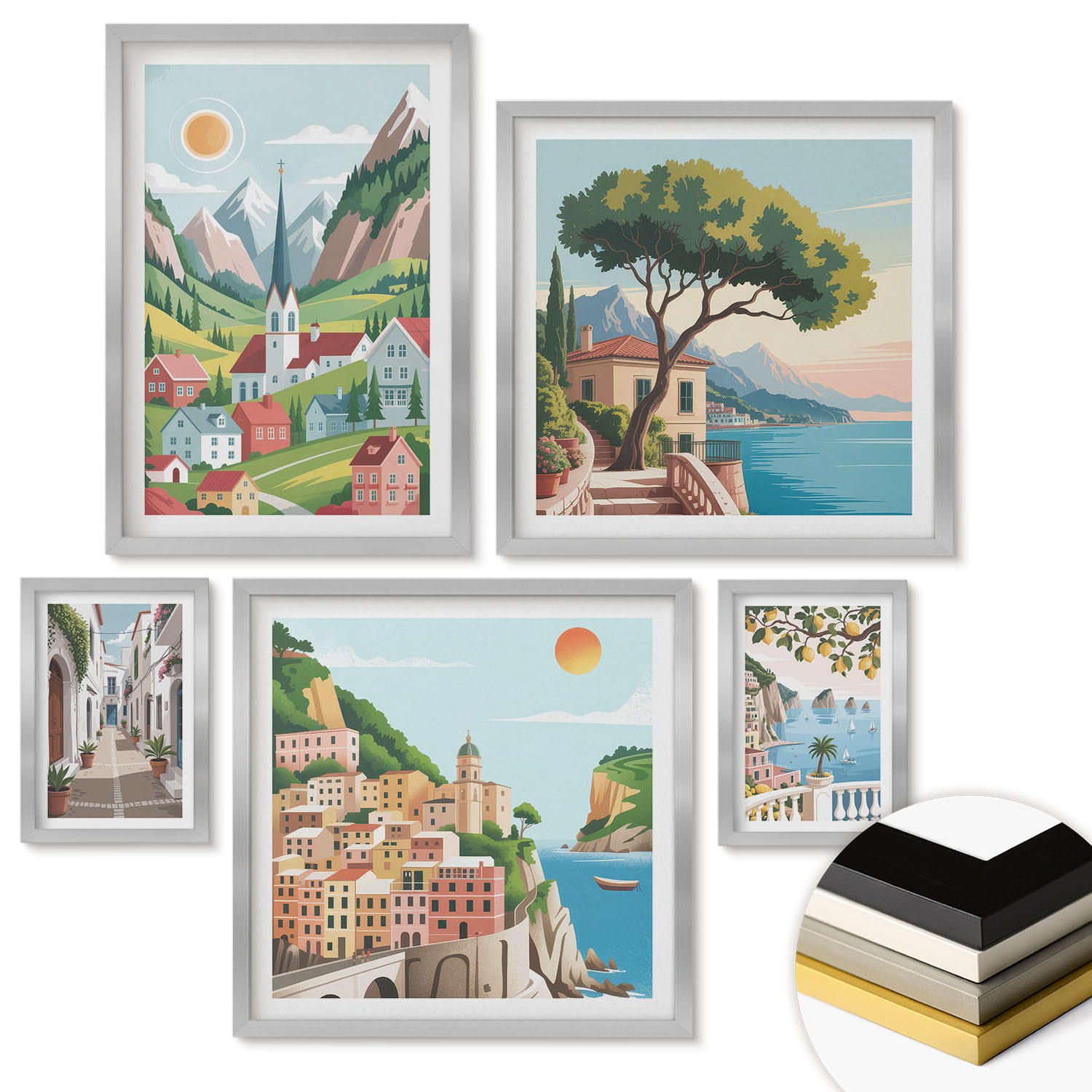 WANDBILDER 5er Set - 50x50 cm & 20x30 cm & 40x60 cm Silberner Rahmen - Löwenzahn-Wassertropfen - Silberfarben, Kunststoff (40/60cm) - ArtPrintCave