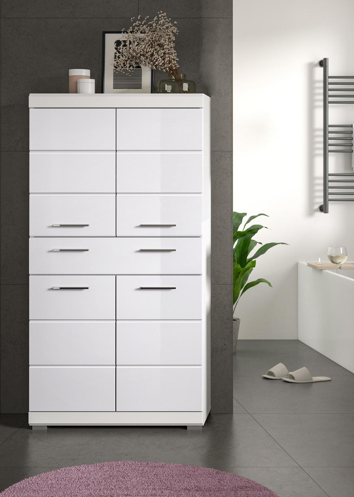 MIDISCHRANK weiß Hochglanz 74 x 141 cm, Badschrank 4-türig - Weiß Hochglanz/Silberfarben, Holzwerkstoff/Kunststoff (74/141/31cm) - Inn.Furn
