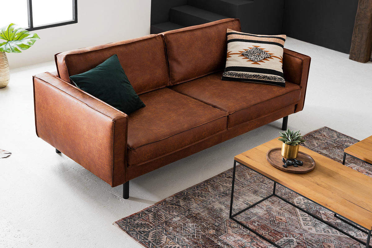 3-SITZER SOFA - Cognac/Schwarz, Leder/Textil (207/81/96cm) - home24