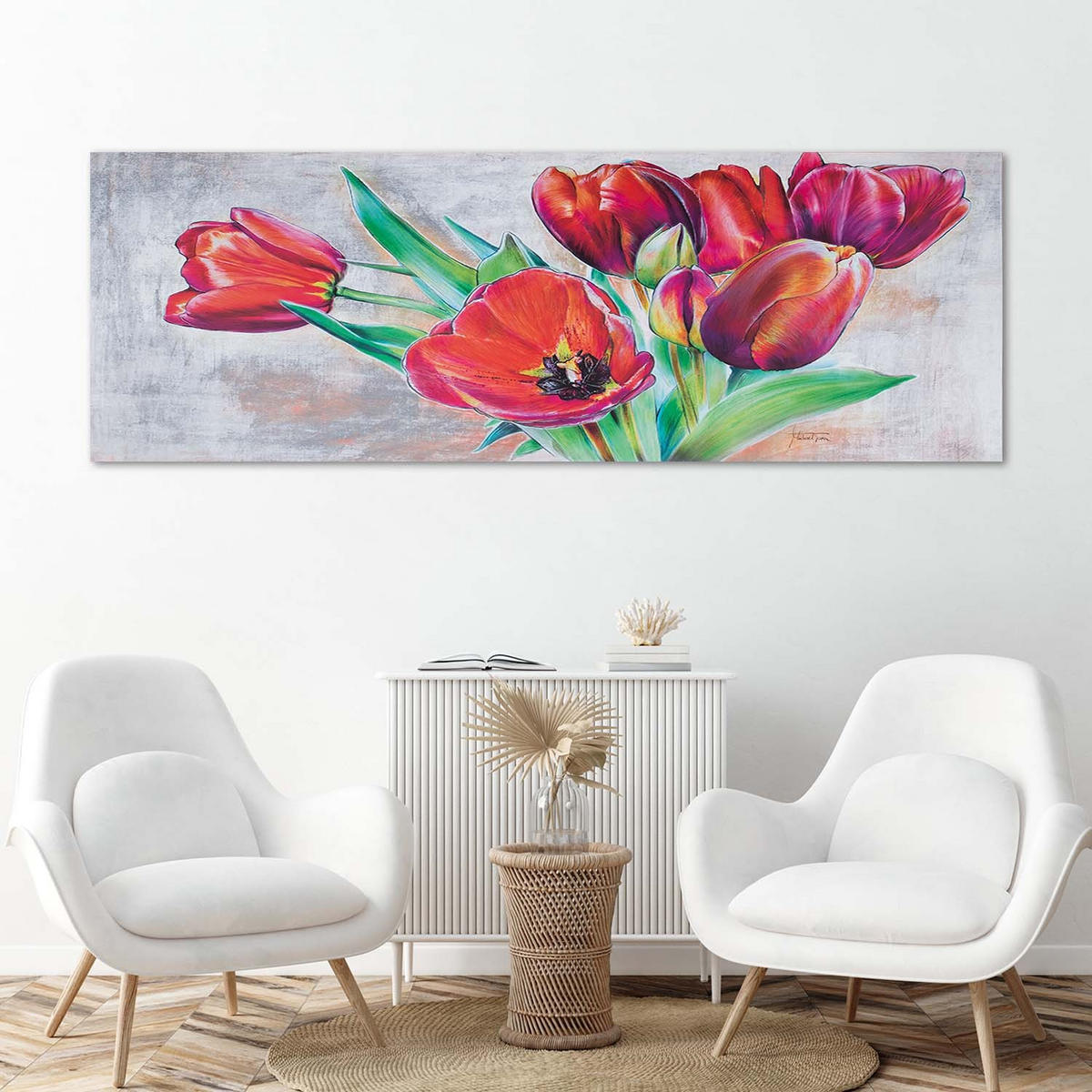 WANDBILD blumenstrauß aus roten tulpen - Rot, Textil (90/30cm) - Feeby