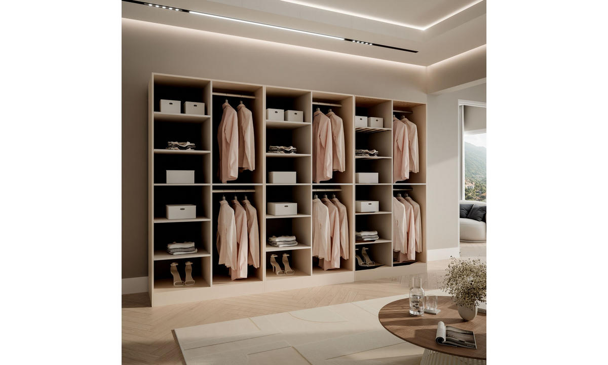 KLEIDERSCHRANK SANDBOX KASHMIR 300 303/49/200 cm Kaschmir / Kaschmir + geriffeltes Glas mit LED 12 Zusatzböden - Kaschmir/Transparent, Holzwerkstoff/Kunststoff (303/200/49cm) - Lookway