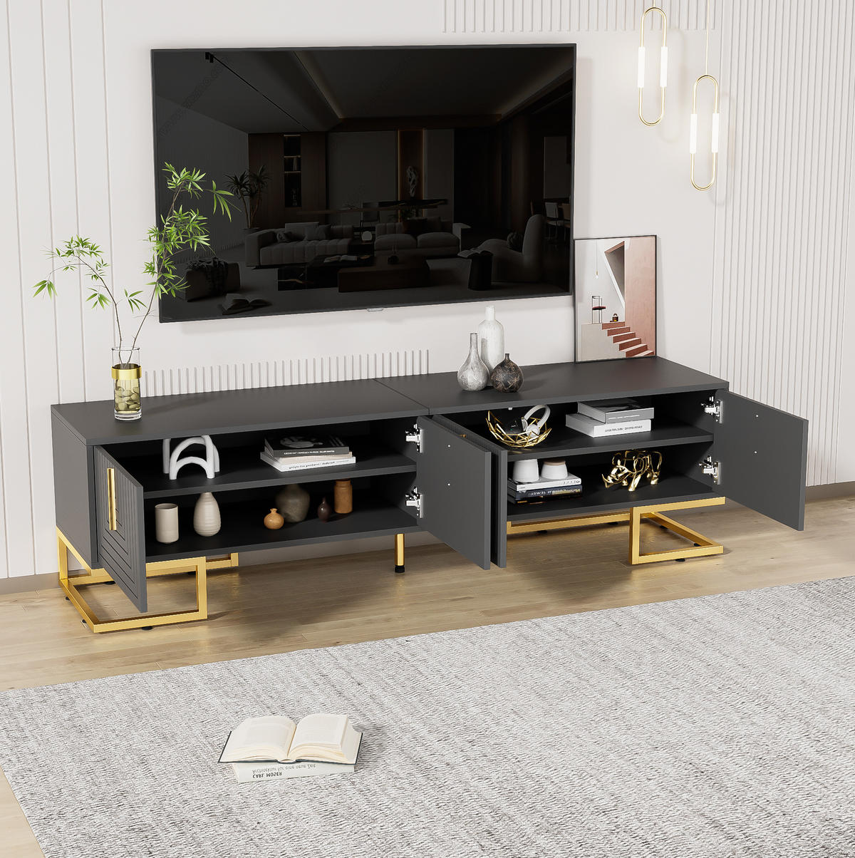 TV komoda z dřevotřísky, 170/40/45,5 cm šedočerná se 4 dvířky - šedá, kompozitní dřevo (170/45.5/40cm) - BEAOK