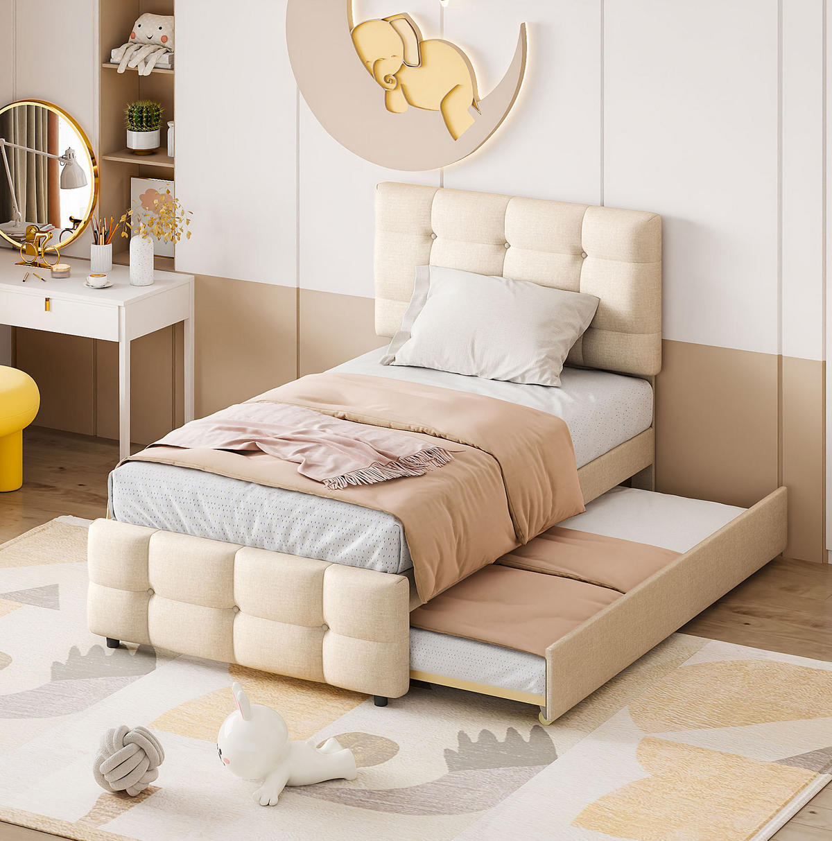 POLSTERBETT 90/200 cm aus Leinen mit ausziehbarem Gästebett Beige - Beige, Textil (90/200cm) - Modenvie