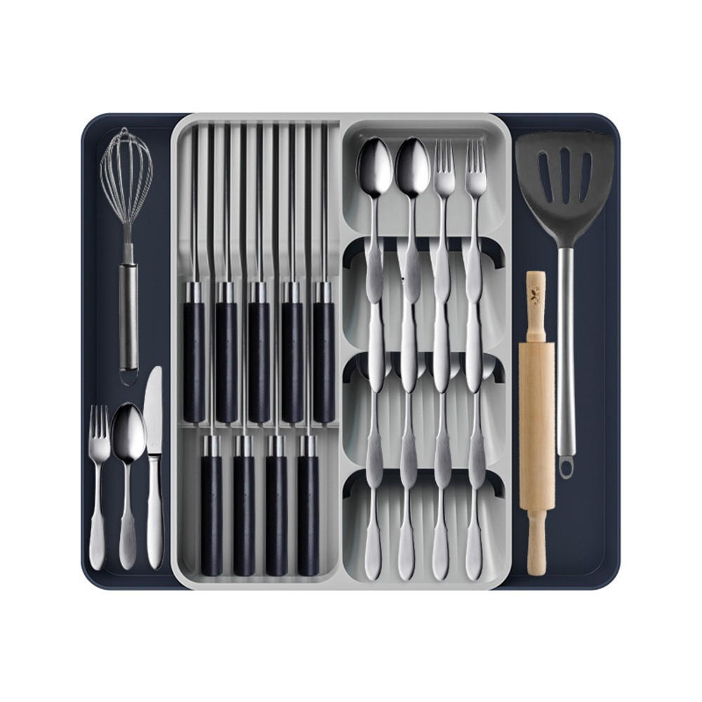 BESTECKEINSATZ,AUSZIEHBAR, PP-Material, Silber & Dunkelblau, 15,35" x (10,83"–20,08") - Silberfarben, Kunststoff (27.5/5.3/39cm) - Authentics