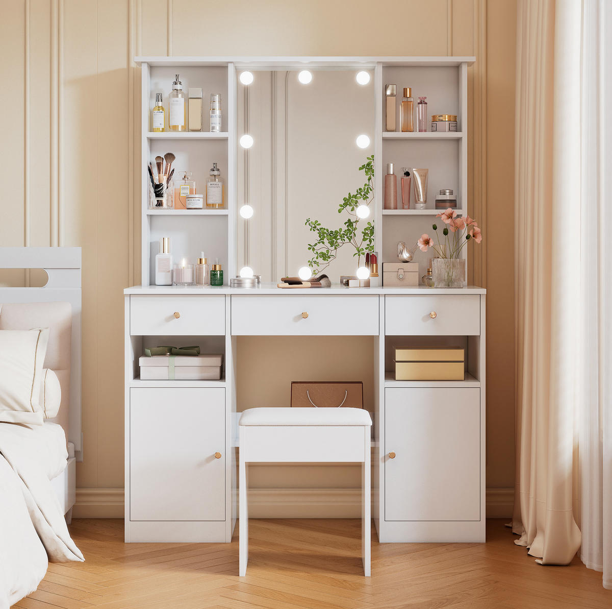 SCHMINKTISCH 110/40/151 cm mit LED-Beleuchtung, Spiegel, 3 Schubladen und 2 Türen, Weiß - Weiß, Holzwerkstoff (110/151/40cm) - Redom
