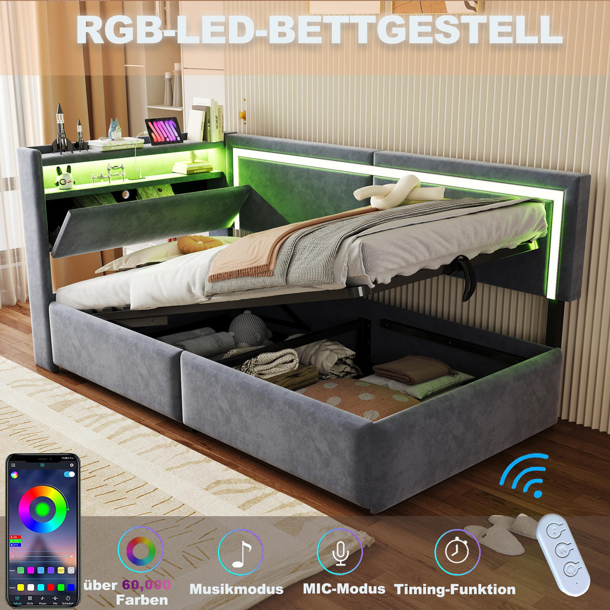 POLSTERBETT 90/200 cm mit LED-Beleuchtung, USB-Anschlüssen, Stauraum und Samtbezug, Grau - Grau, Holzwerkstoff (90/200cm) - Redom