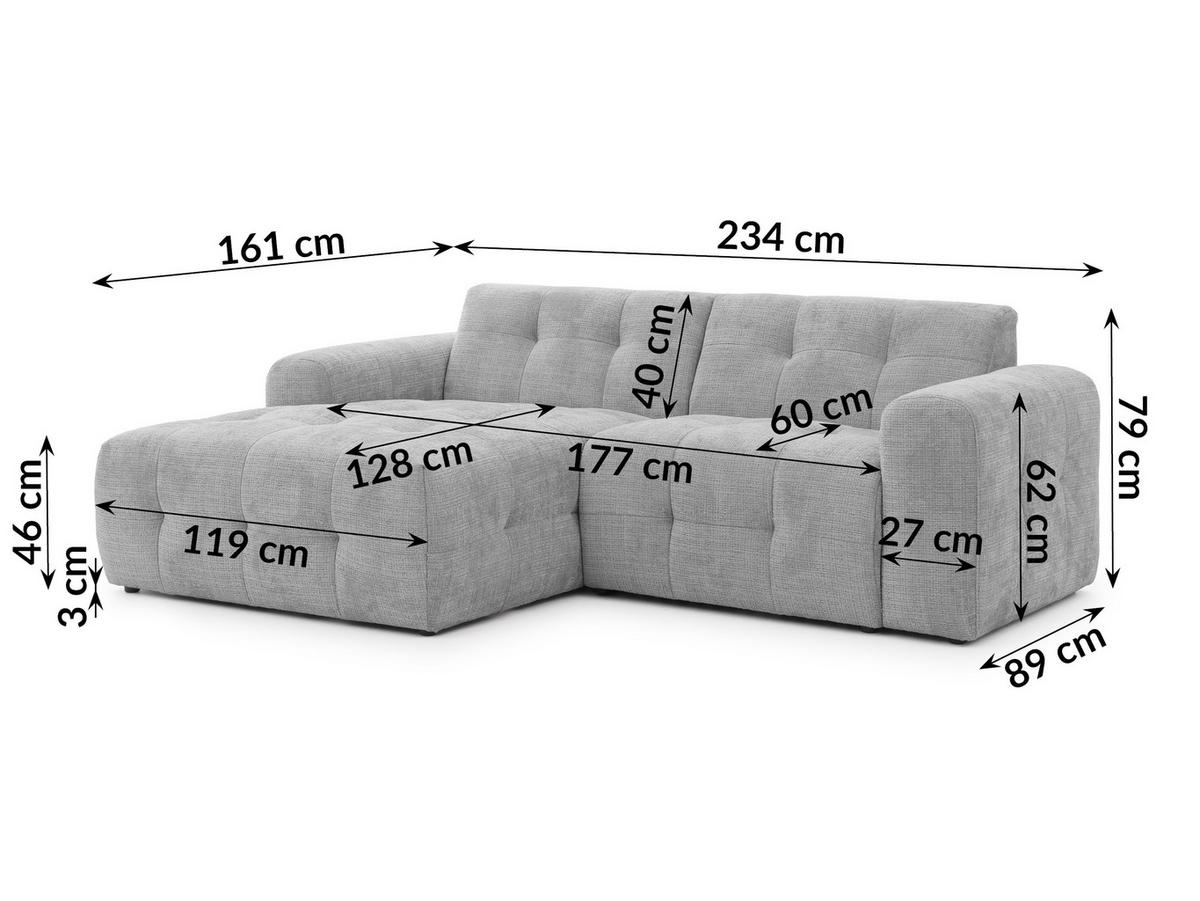 ECKSOFA inkl. Hocker Kozy im Bumpy-Design mit Schlaffunktion und fester Rückenlehne aus weichem Hellgrau Chenille-Stoff - Ottomane links - Hellgrau/Schwarz, Holz/Kunststoff (161/234cm) - S-Style Möbel