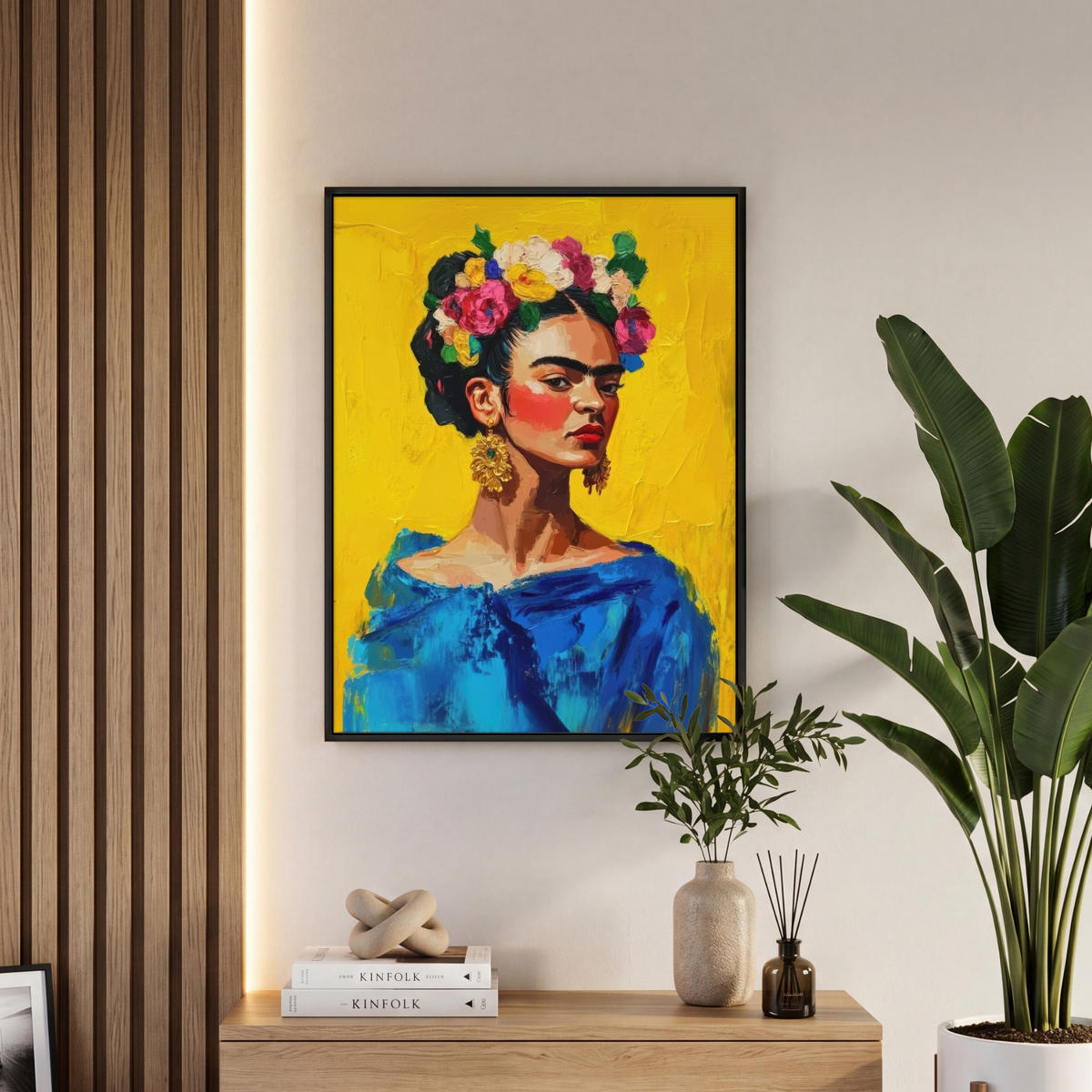 LEINWAND Bilder mit Rahmen - Frida Kahlo - Frau - Gelb - Blau - Blumen - 60x80 - Gelb, Textil (60/80cm) - MuchoWow