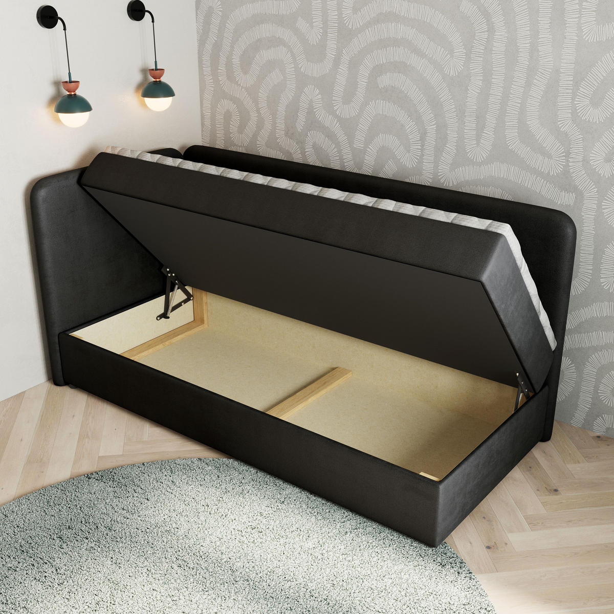 BOXBETT GINA 80x200 cm mit Matratze und Topper, H2+H3 - Schwarz - Schwarz, Holz (80/200cm) - MASSENO